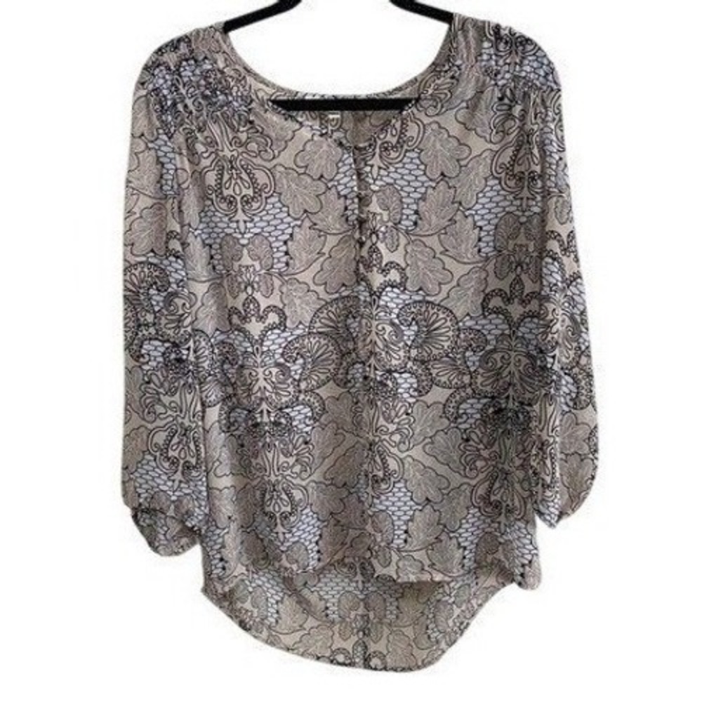 Black Rainn Sheer Art Nouveau Blouse Button Front Neutral Boho Flowy Size L